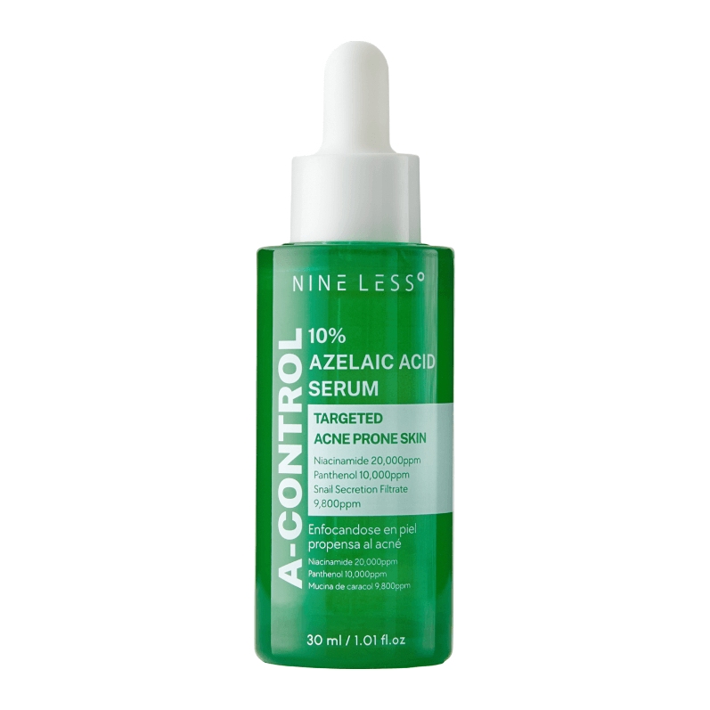 NINE LESS A-Control 10% Azelaic Acid Serum in a green bottle with dropper for acne-prone skin.