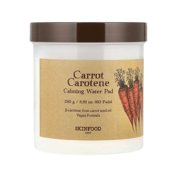 SKINFOOD Carrot Carotene Calming Water Pad - 60 Pads in a jar with carrot graphic and moisturizing description.