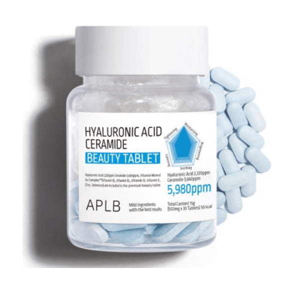 APLB Hyaluronic Acid Ceramide Beauty Tablet in a clear container with blue tablets, promoting skin hydration and nourishment.