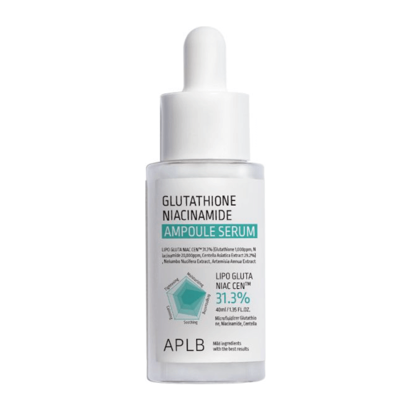 APLB Glutathione Niacinamide Ampoule Serum in a dropper bottle for brightening and moisturizing skin care.