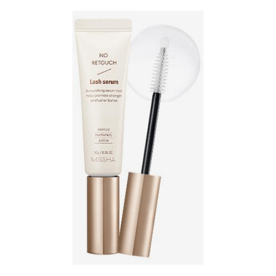MISSHA No Retouch Lash Serum packaging with applicator wand for nourishing and strengthening lashes.