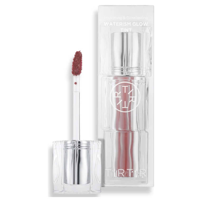TIR TIR Hydrating & Glowlasting Waterism Glow Tint in a clear container with applicator for radiant lips.