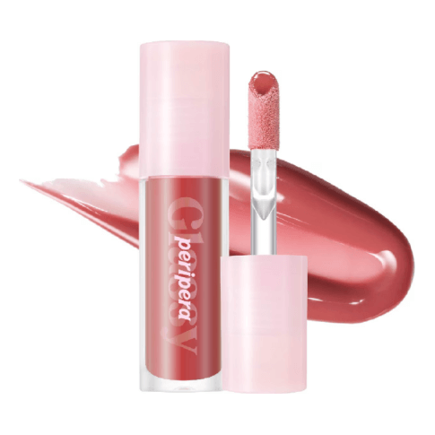 Peripera Ink Glasting Lip Gloss in a pink tube with applicator, showcasing glossy lip color and design.