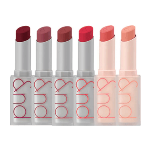 Six shades of rom&nd Zero Matte Lipstick displayed in sleek packaging, showcasing rich colors and smooth finishes.