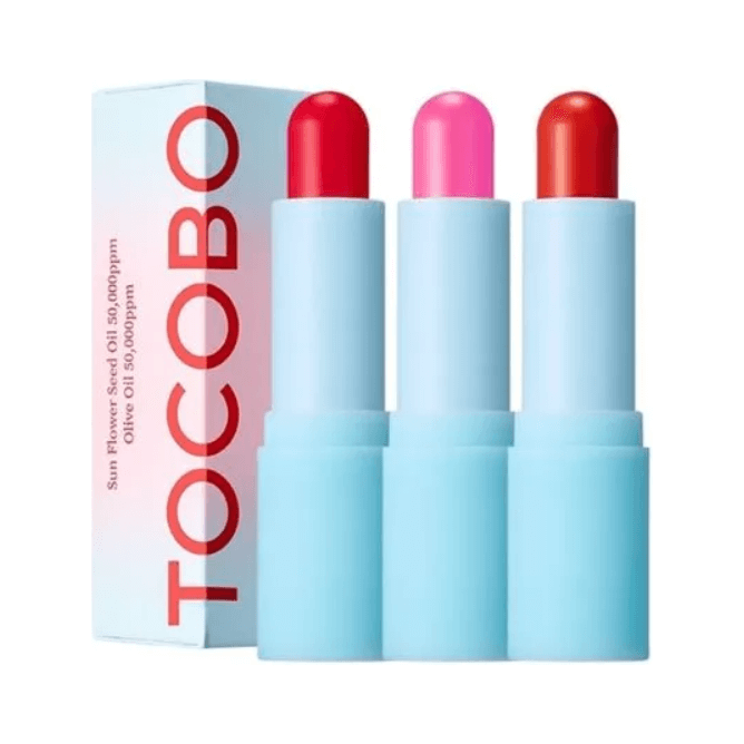 Tocobo Glass Tinted Lip Balm three shades with packaging, glossy finish and natural oils.