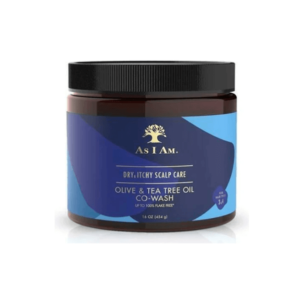 As I Am Dry and Itchy Scalp Care Olive and Tea Tree Oil Co-Wash product in a jar for soothing dry scalps.