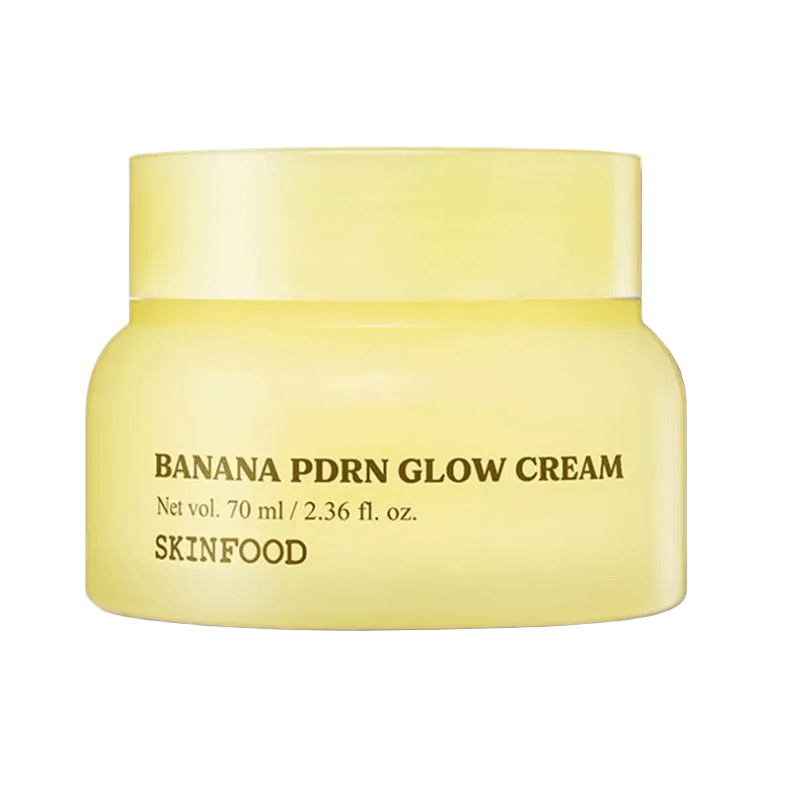 Close-up of Skinfood Banana PDRN Glow Cream jar, 70 ml, showcasing vibrant yellow packaging.