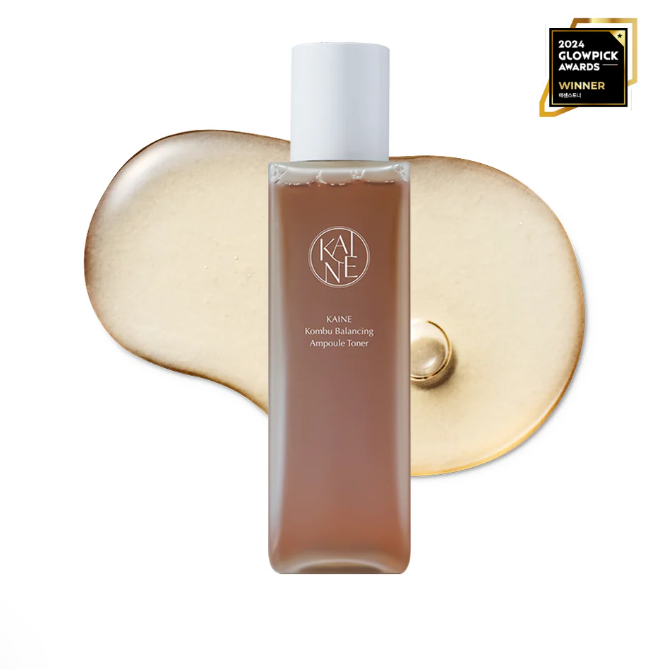 KAINE Kombu Balancing Ampoule Toner bottle with toner splash background, 2024 Glowpick Awards Winner.