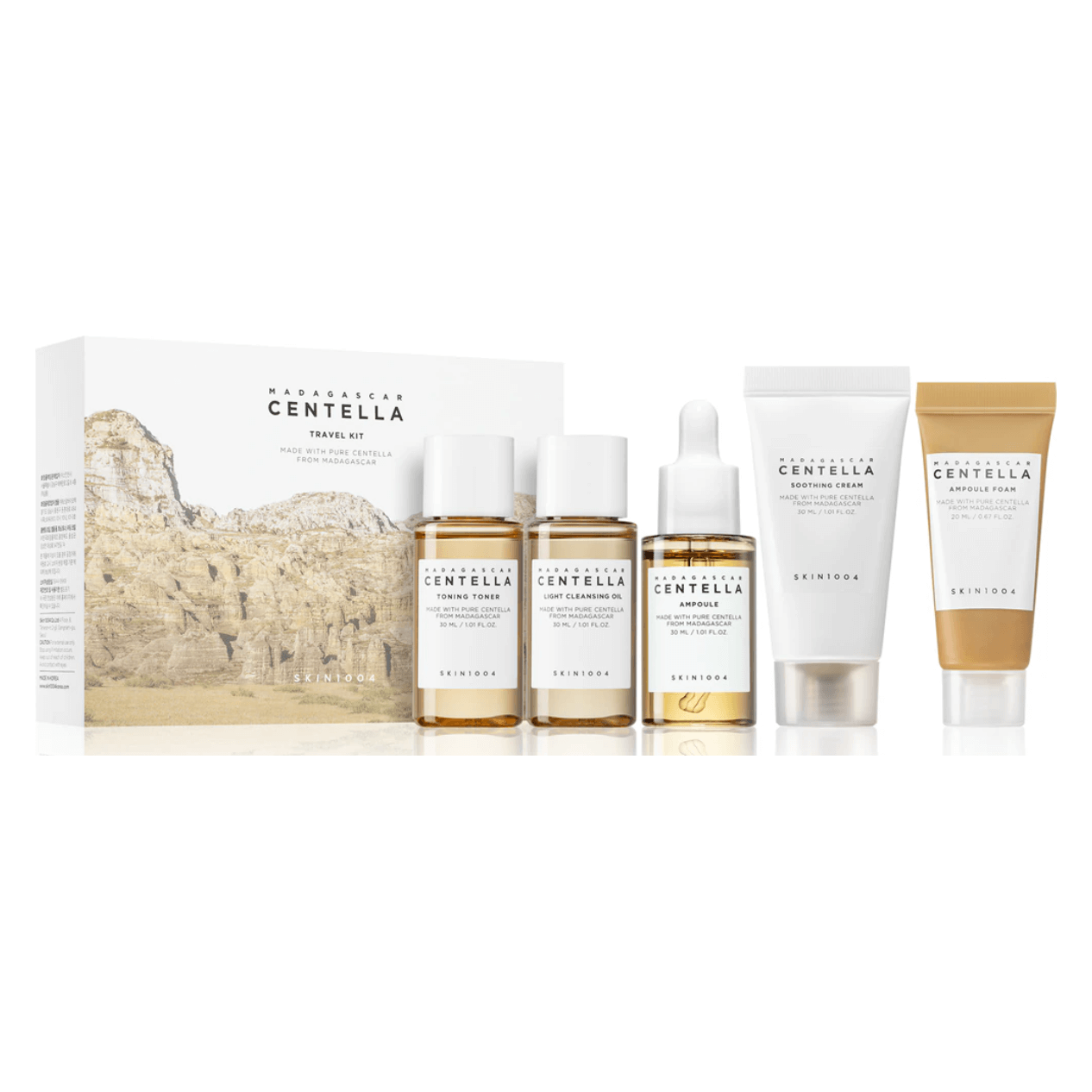 SKIN1004 Madagascar Centella Travel Kit featuring cleansing oil, ampoule foam, toner, ampoule, and soothing cream.