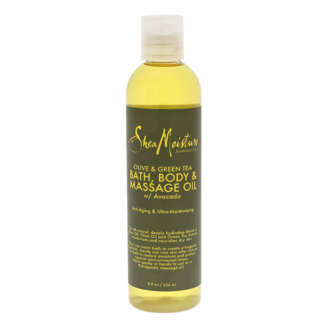 Shea Moisture Olive & Green Tea Bath Body & Massage Oil for moisturizing and anti-aging skin care.