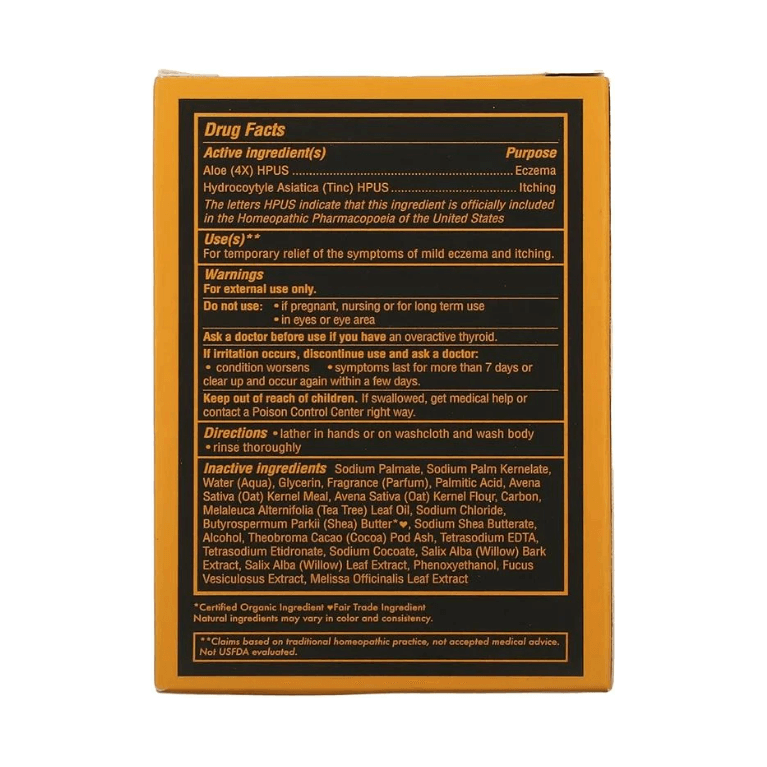 Shea Moisture African Black Soap Eczema Therapy Bar Soap back label with drug facts and ingredients list.