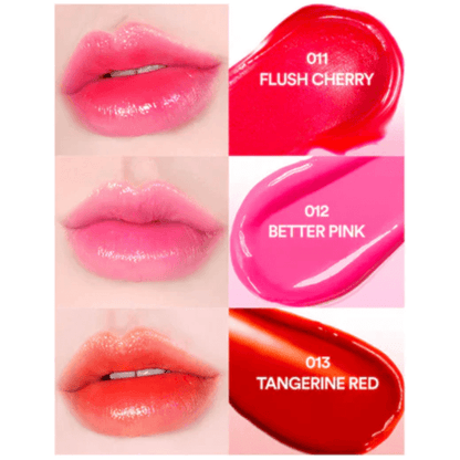 Tocobo Glass Tinted Lip Balm shades: Flush Cherry, Better Pink, Tangerine Red on lips and swatches.