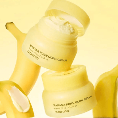 Skinfood Banana PDRN Glow Cream displayed with bananas, showcasing its nourishing and hydrating properties.