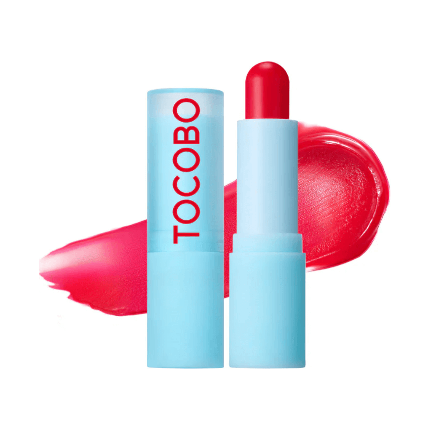 Tocobo Glass Tinted Lip Balm next to a bright red swatch, showcasing glossy and moisturizing lip care.