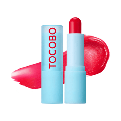Tocobo Glass Tinted Lip Balm next to a bright red swatch, showcasing glossy and moisturizing lip care.