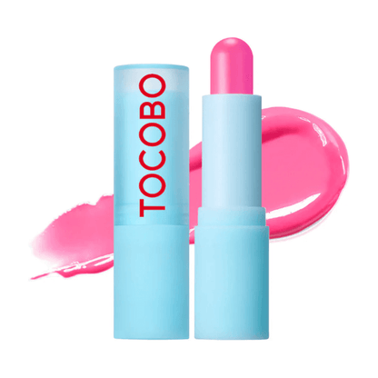 Tocobo Glass Tinted Lip Balm with glossy pink tint and moisturizing formula beside swatch.