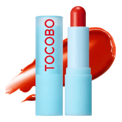 Tocobo Glass Tinted Lip Balm displayed with red tint, showcasing its glossy texture and vegan ingredients.