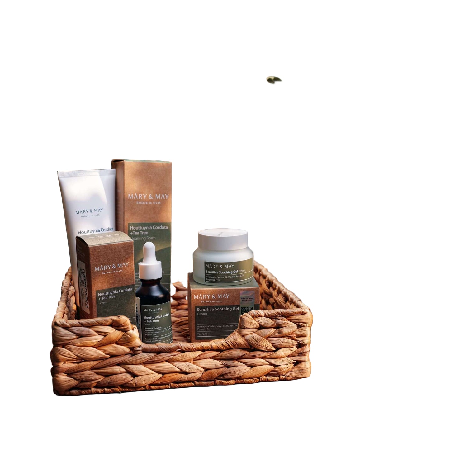 Acne Treatment Set 1 displayed in a basket with organic skincare products for all skin types.