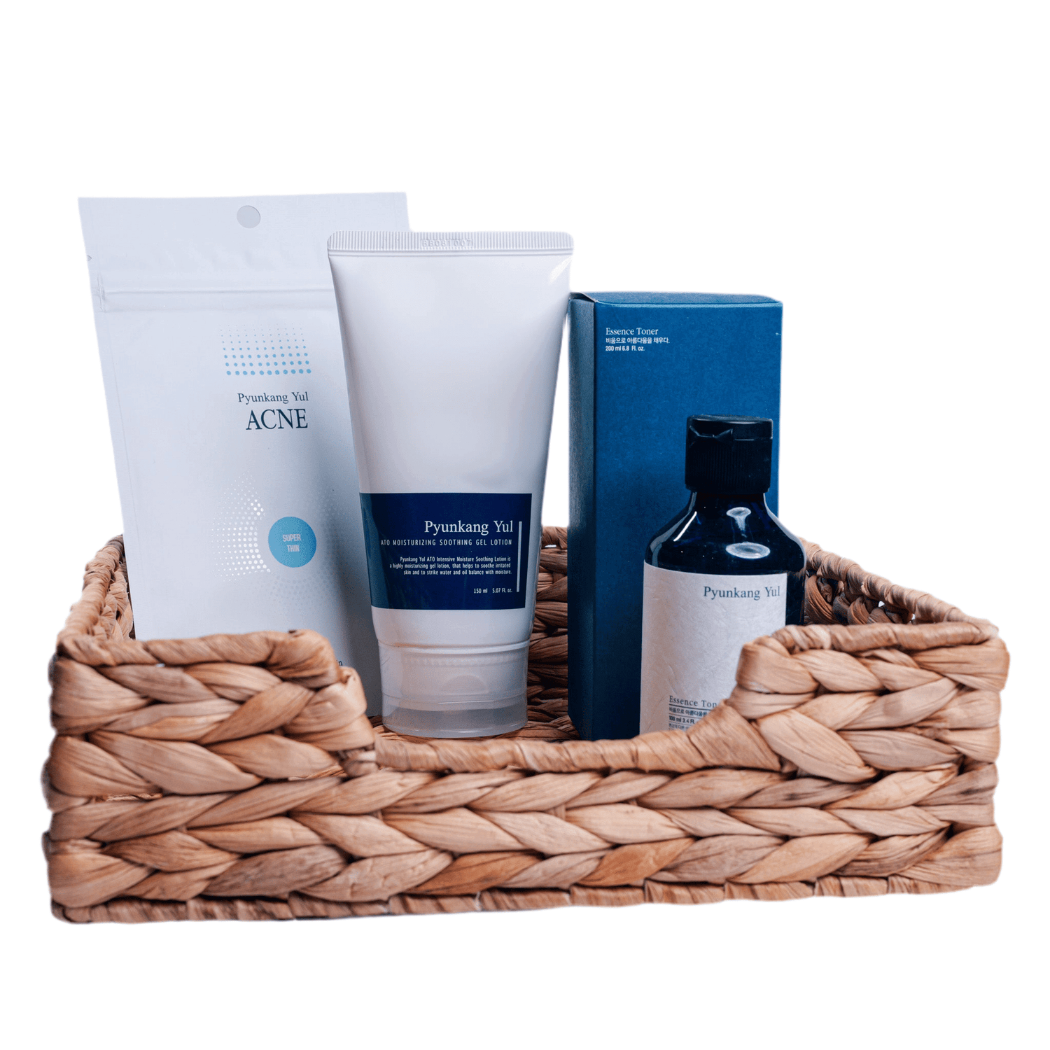 Acne treatment Set 2 featuring Pyunkang Yul products in a woven basket for acne-prone skin care.
