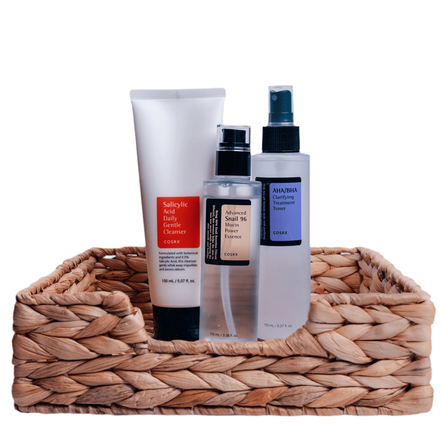 Acne Treatment Set 4 containing COSRX Salicylic Acid Cleanser, Advanced Snail 96 Power Essence, AHA/BHA Clarifying Toner.