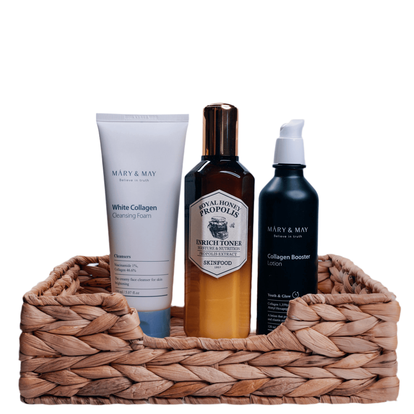 Anti-aging Routine 3 featuring MARY & MAY White Collagen Cleansing Foam, toner, and collagen booster lotion.