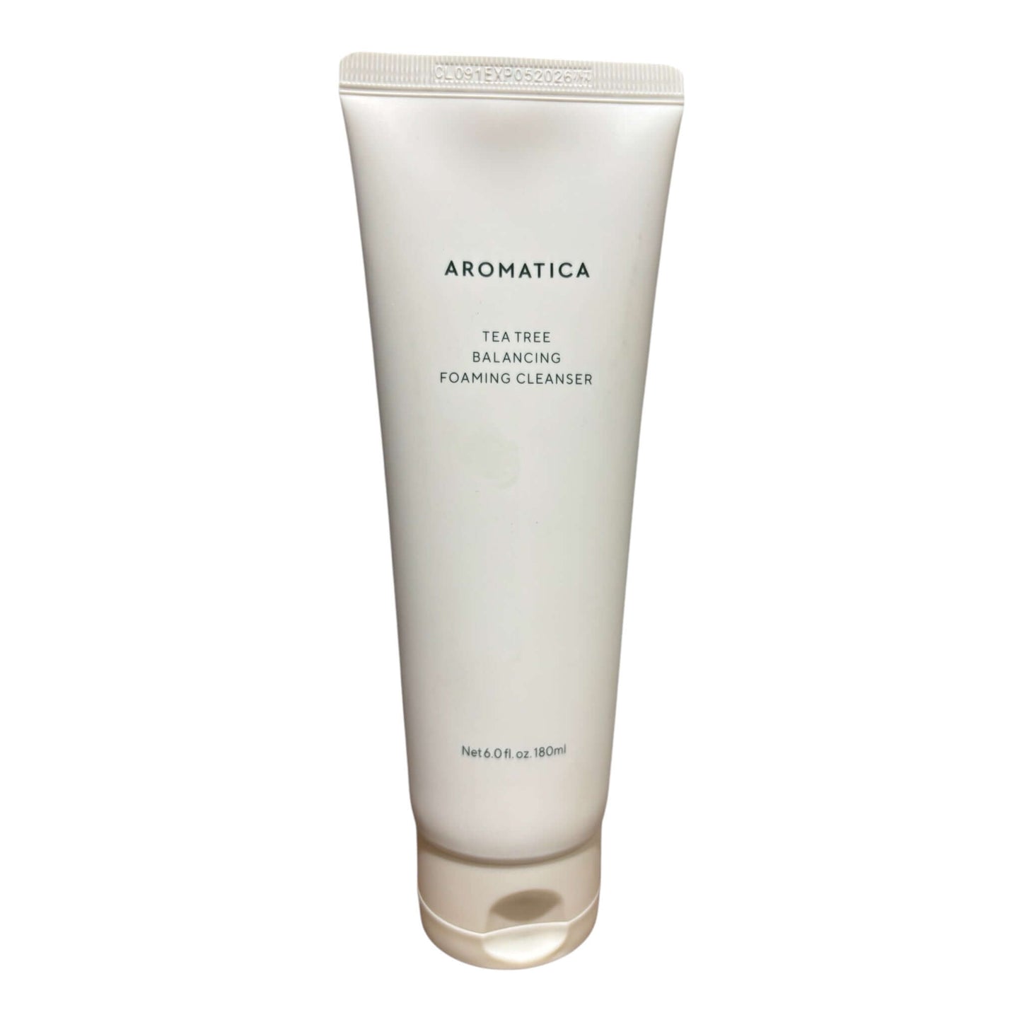 Aromatica Tea Tree Balancing Foaming Cleanser in a tube for gentle skin cleansing and hydration.