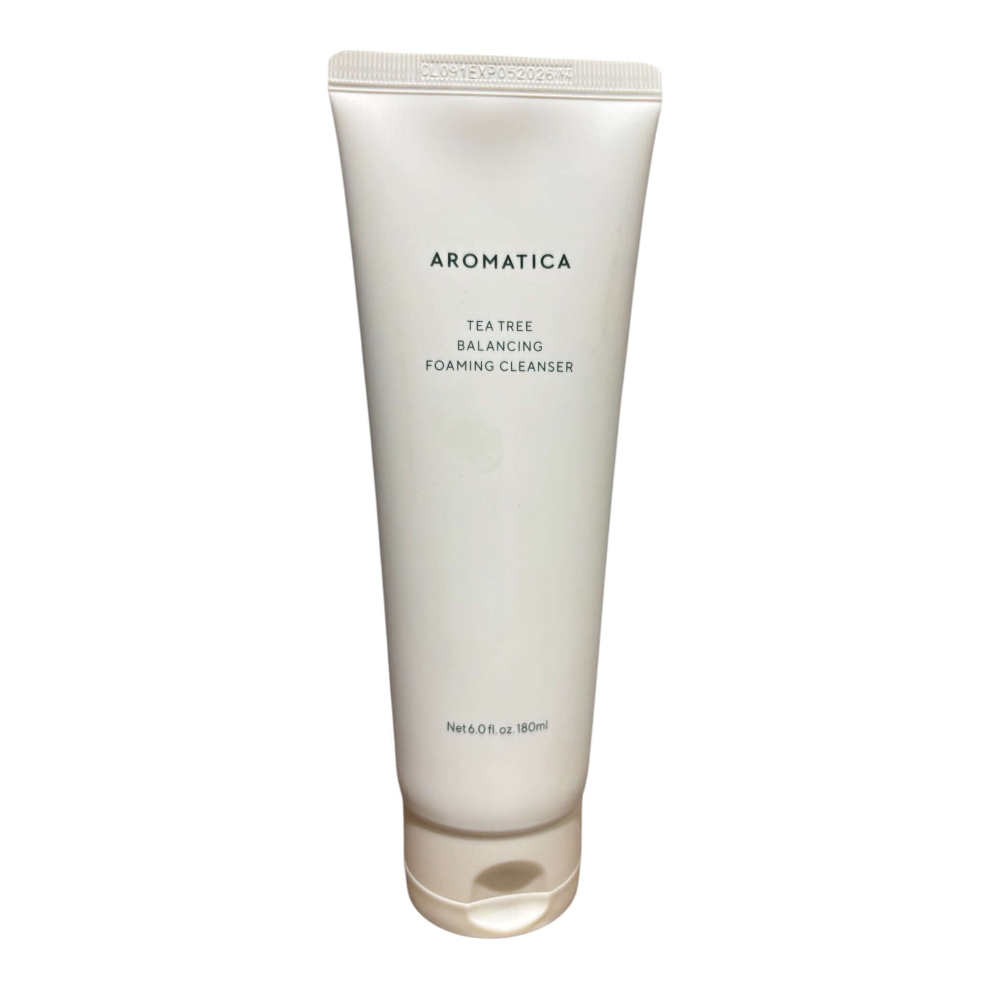 Aromatica Tea Tree Balancing Foaming Cleanser in a tube for gentle skin cleansing and hydration.
