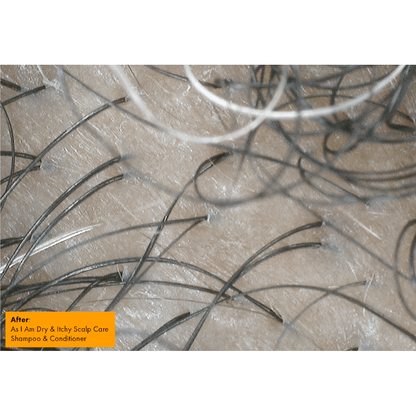 As I Am Dry & Itch Shampoo for dry, itchy scalps showing refreshed hair strands after use.