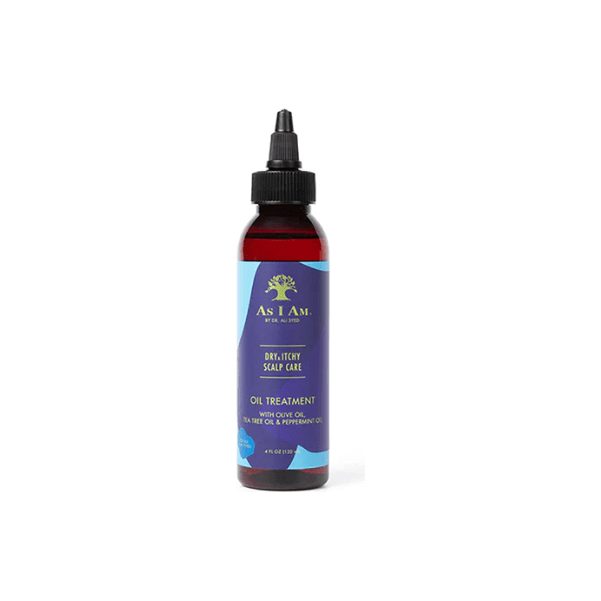 As I Am Dry & Itchy Scalp Care Oil Treatment in a 4 oz bottle with Olive, Tea Tree, and Peppermint oils.