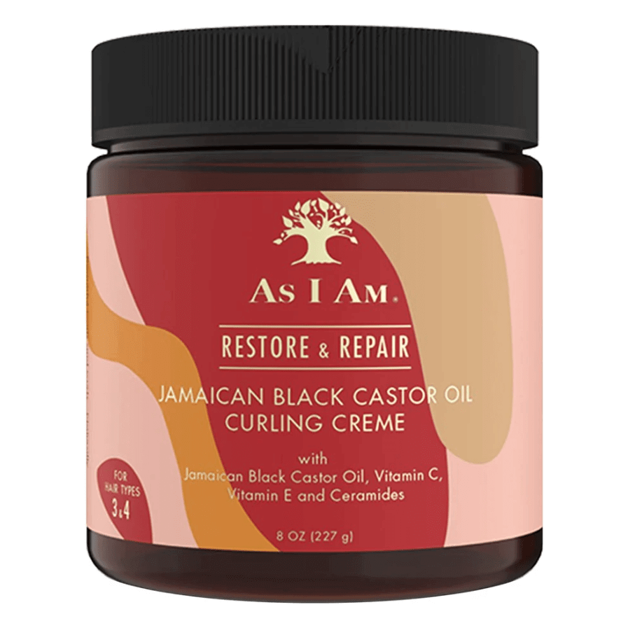 AS I AM Jamaican Black Castor Oil Curling Creme in a jar for curly hair restoration and repair.