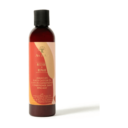 AS I AM Jamaican Black Castor Oil Leave-In Conditioner bottle for hair moisture and detangling.