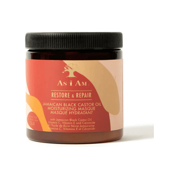 As I Am Jamaican Black Castor Oil Moisturizing Masque in a jar for deep conditioning and hydration.