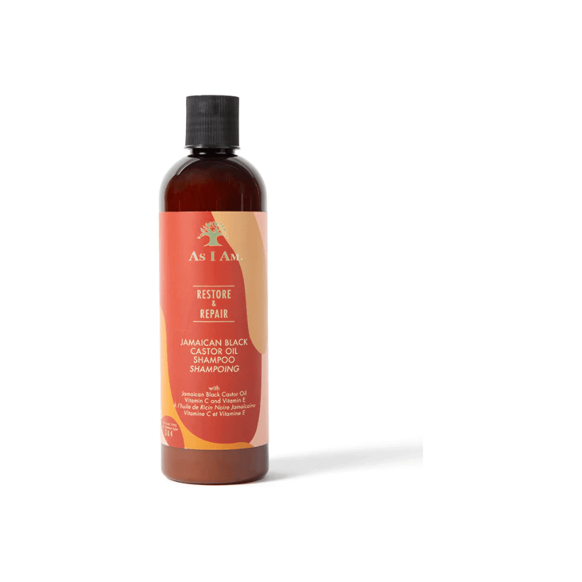 As I Am Jamaican Black Castor Oil Shampoo bottle on white background for hair repair and moisture.