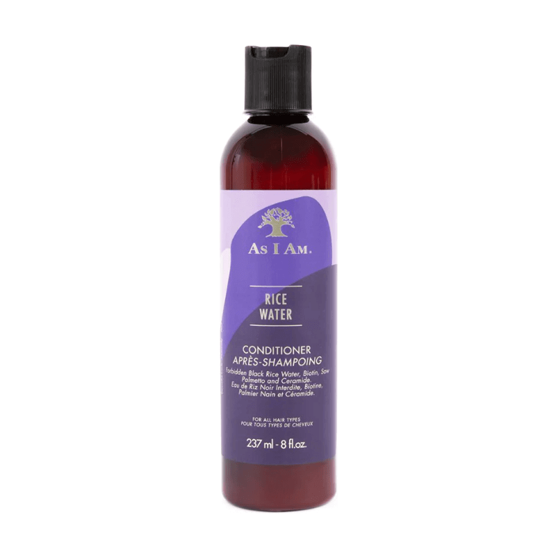 As I Am Rice Water Conditioner bottle, 8 oz, enriched with Forbidden Black Rice Water and Biotin for healthy hair.