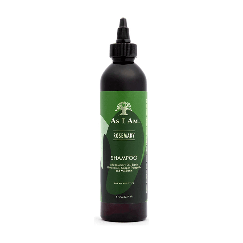 As I Am Rosemary Shampoo bottle featuring rosemary oil, hydrating ingredients, for all hair types.