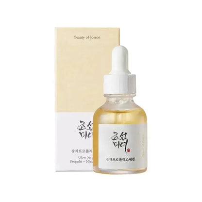 BEAUTY OF JOSEON Glow Serum Propolis + Niacinamide in a glass bottle with dropper and elegant packaging.