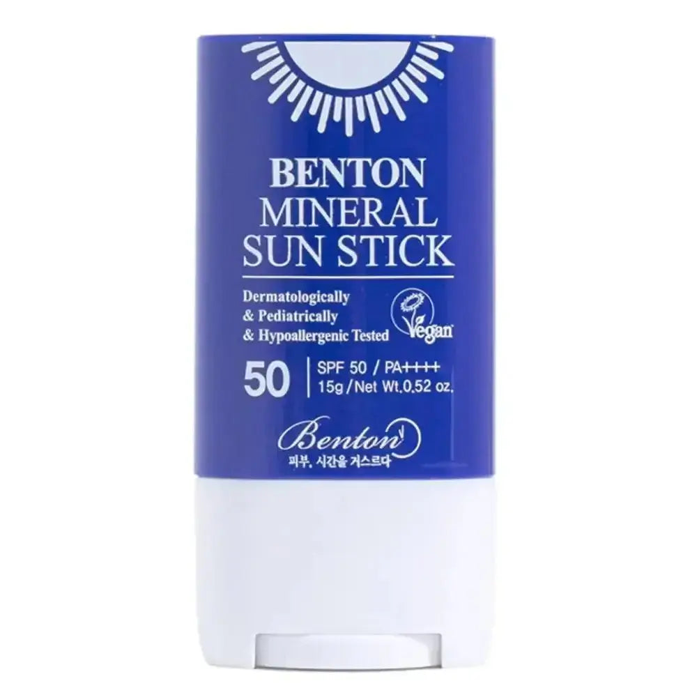 BENTON Mineral Sun Stick SPF 50+/PA++++ 15g with a blue packaging, providing vegan sun protection.
