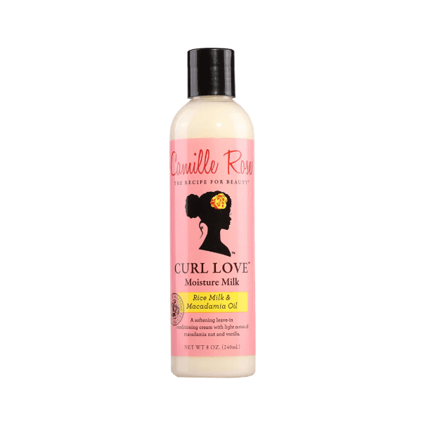 Camille Rose Curl Love Milk bottle, a leave-in conditioner with rice milk and macadamia oil for curly hair.