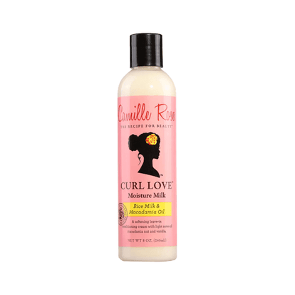 Camille Rose Curl Love Milk bottle, a leave-in conditioner with rice milk and macadamia oil for curly hair.
