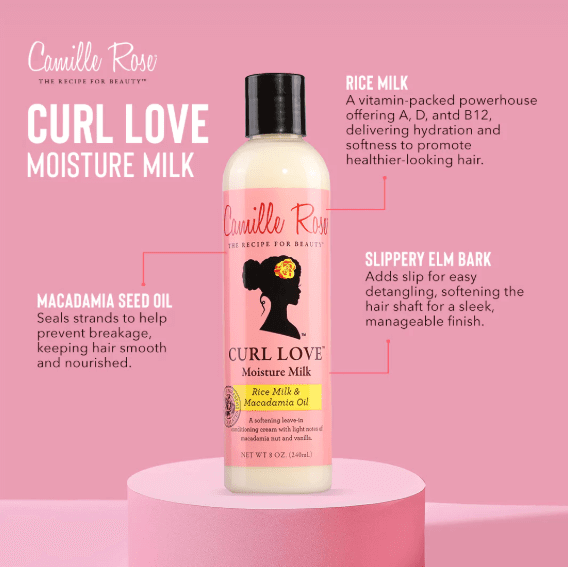Camille Rose Curl Love Milk leave-in conditioner with macadamia seed oil and rice milk for smooth curly hair.