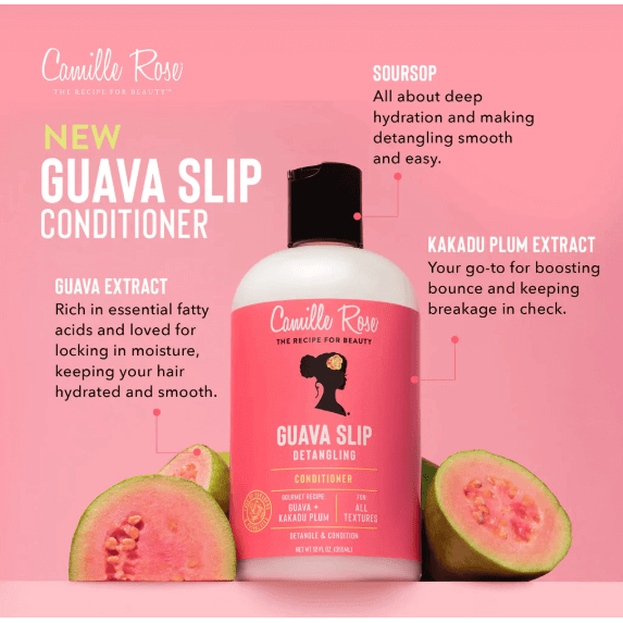 Camille Rose Guava Slip Detangling Shampoo with guava and kakadu plum extracts for hydration and easy detangling.
