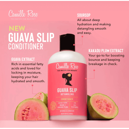 Camille Rose Guava Slip Detangling Shampoo with guava and kakadu plum extracts for hydration and easy detangling.