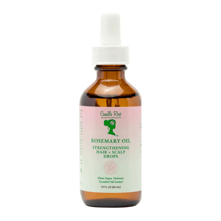 Camille Rose Rosemary Oil Strengthening Hair Drops bottle for nourishing hair and scalp.