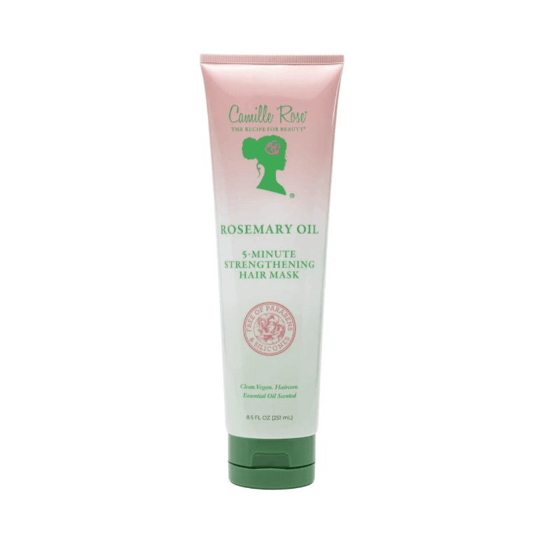Camille Rosemary Oil 5-Minute Strengthening Hair Mask in a tube with a pink and green design