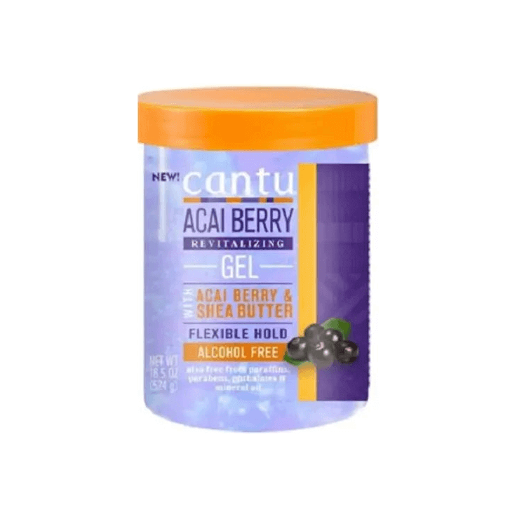 Cantu Acai Berry Revitalizing Styling Gel 524g jar with acai berry and shea butter for flexible hold.