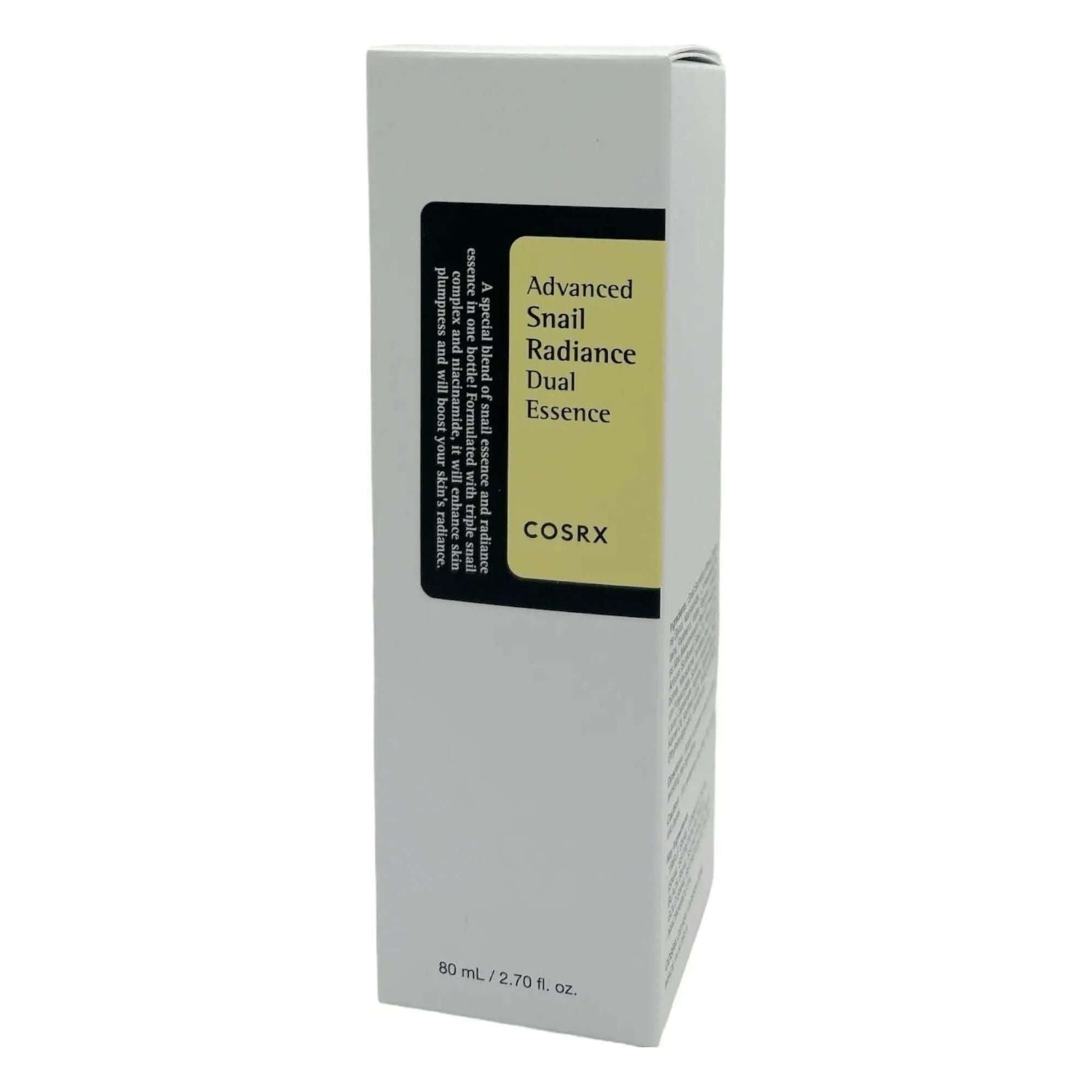COSRX Advanced Snail Radiance Dual Essence 80ml packaging showing product details and branding.