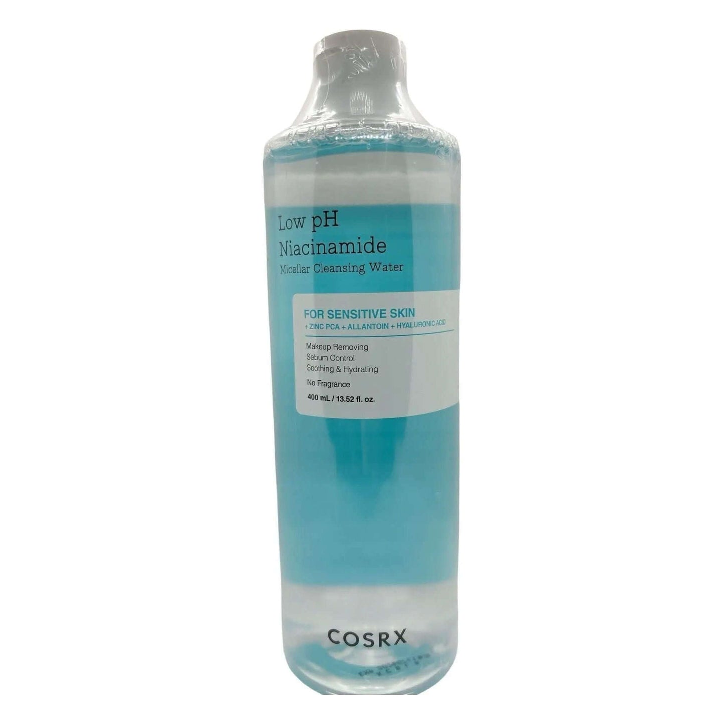 COSRX Low pH Niacinamide Micellar Cleansing Water 400ml in a clear bottle, perfect for removing makeup and hydrating skin.