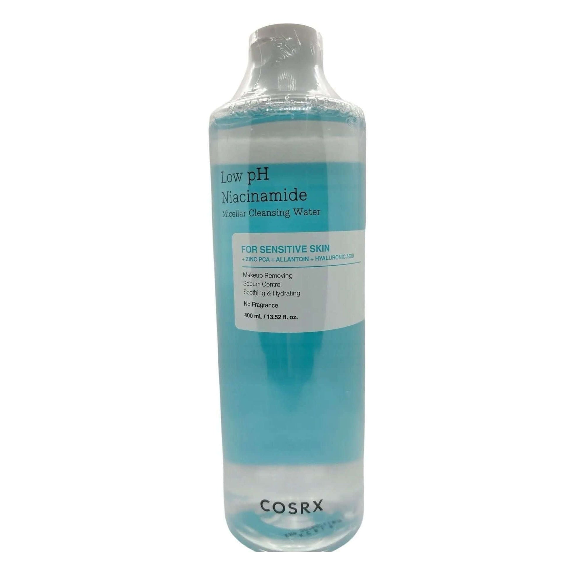 COSRX Low pH Niacinamide Micellar Cleansing Water 400ml in a clear bottle, perfect for removing makeup and hydrating skin.