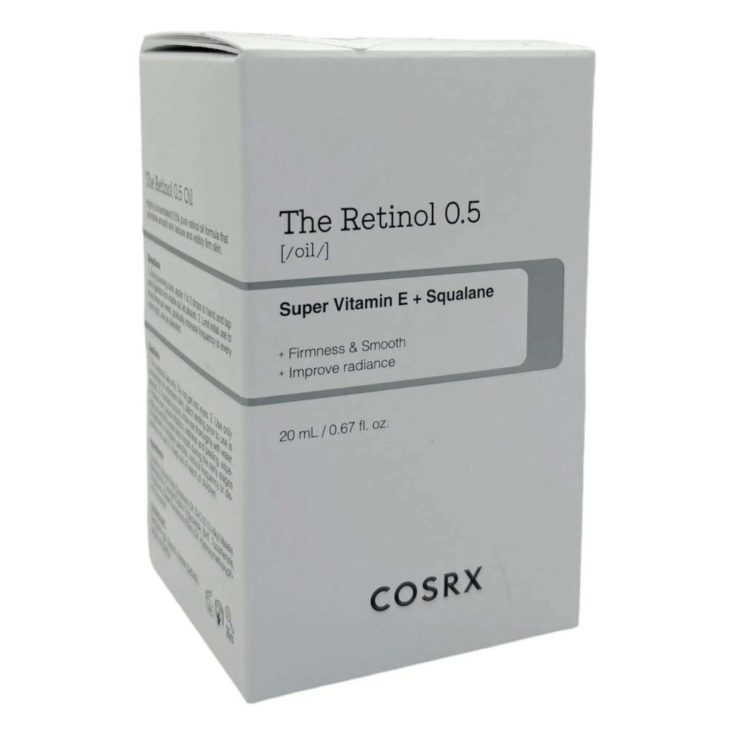 COSRX The Retinol 0.5 Oil 20ml packaging featuring anti-aging benefits with retinol, vitamin E, and squalane.