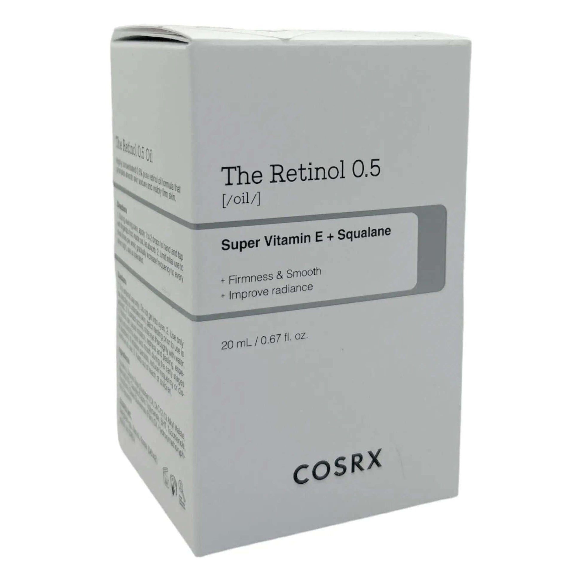 COSRX The Retinol 0.5 Oil 20ml packaging featuring anti-aging benefits with retinol, vitamin E, and squalane.